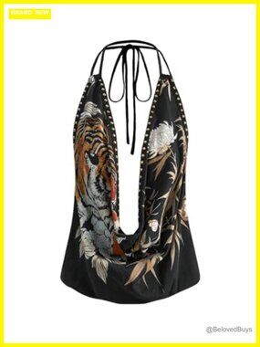 Studded Plunge Deep V Halter Tank Top Vintage Festival Party Top